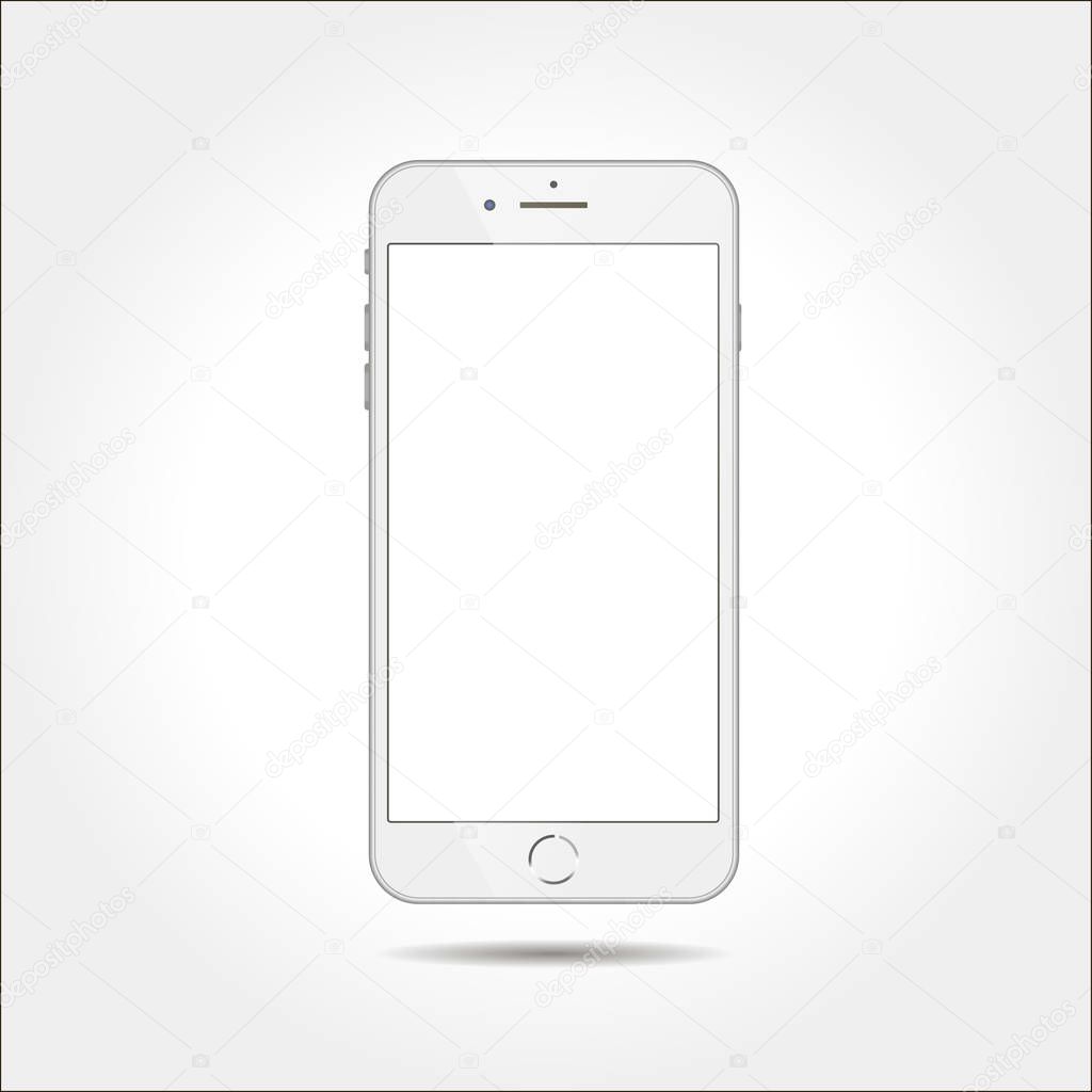 Realistic white smartphone isolated on white background. Smartphone in iphone style vector illustration. Mobile phone mockup with blank screen.