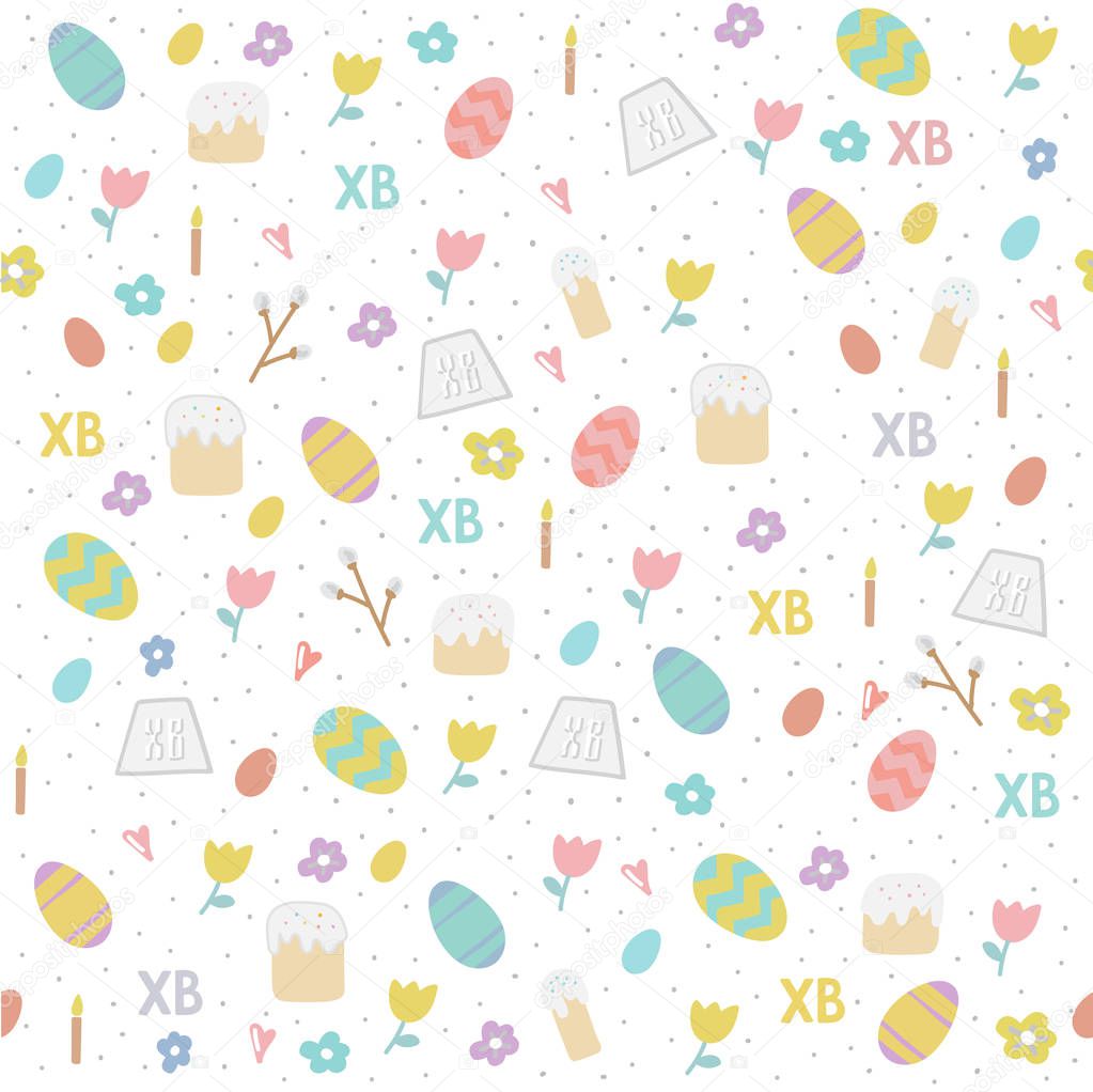 Vector seamless simple pattern with eggs, easter cake, willow, candle, tulips . Orthodox  Easter holiday colorful background for printing on fabric, paper for scrapbooking, gift wrap and wallpapers.