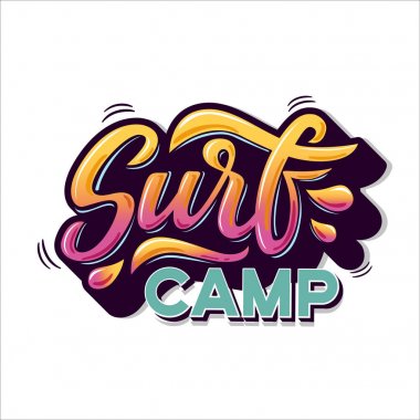 Surf kamp metin logo, giyim, spor kampı, gezi, afiş, surf istasyonu için. Vintage Graffiti tarzı el yazı.