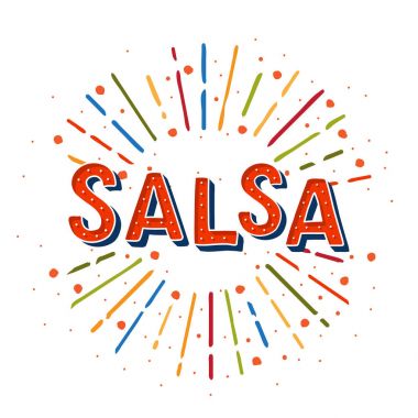 Salsa vektör logo. Coloflul güneş öğeleri. Dans partisi, kartları, afiş, t-shirt, dans stüdyosu için poster. 