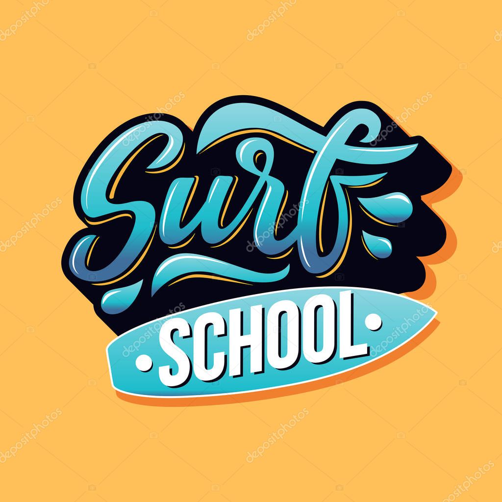 Surf school text with board for logotype, wear, sports camp, trip, banner, surf station. Hand lettering in vintage graffitti style. Vector illustration.