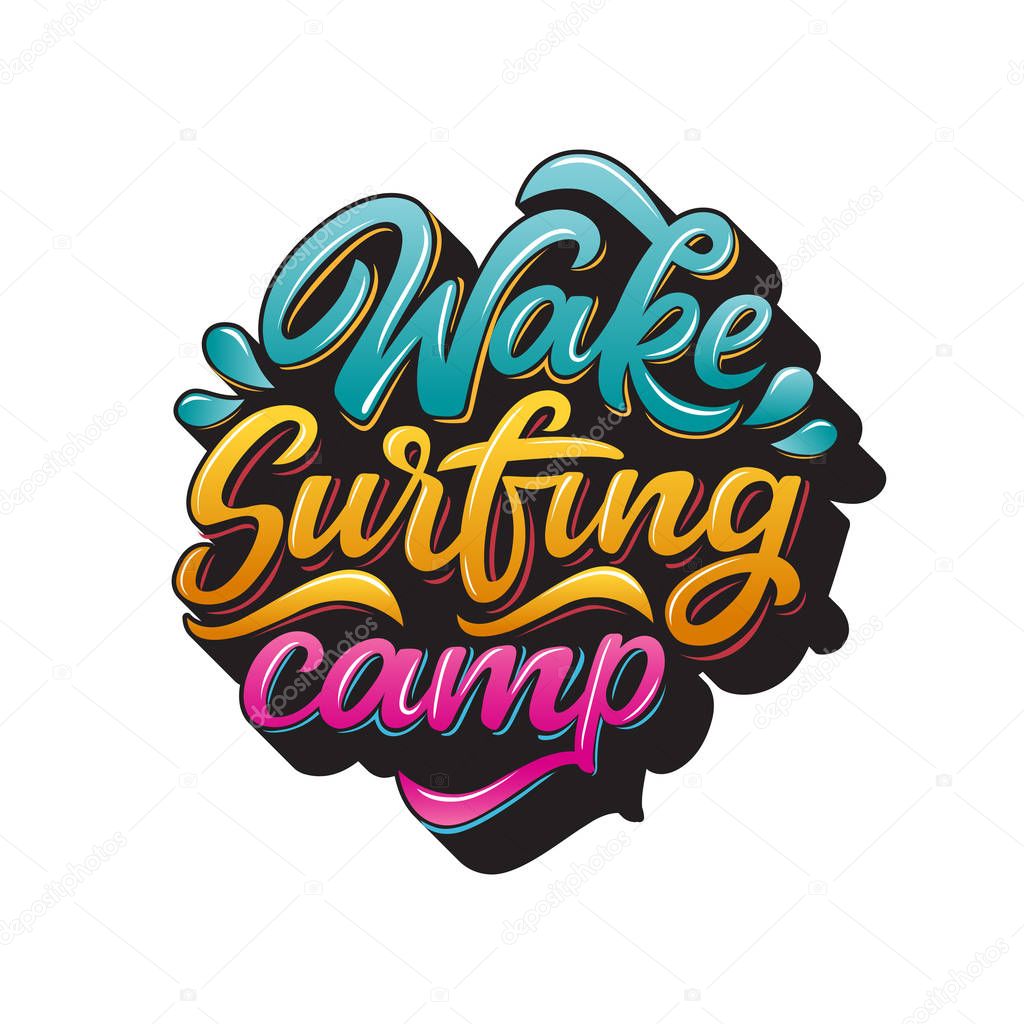 Wake surfing camp lettering for logotype, banner, t-shirt. Hand drawn text in graffiti style. Water extreme sport vector illustration.