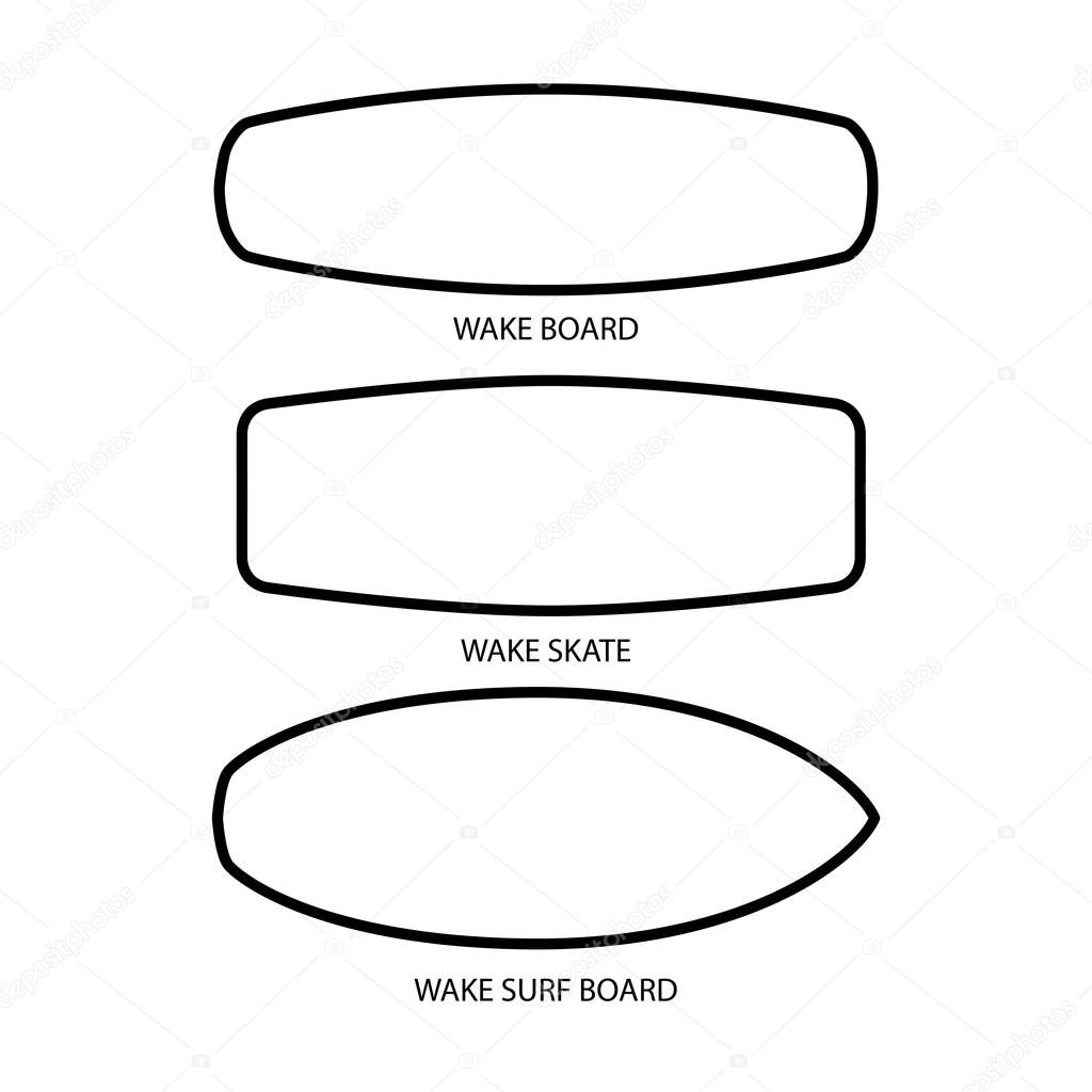 Wake board, wake skate, wake surf icon set. Water extreme sport vector equipment. Flat style design.