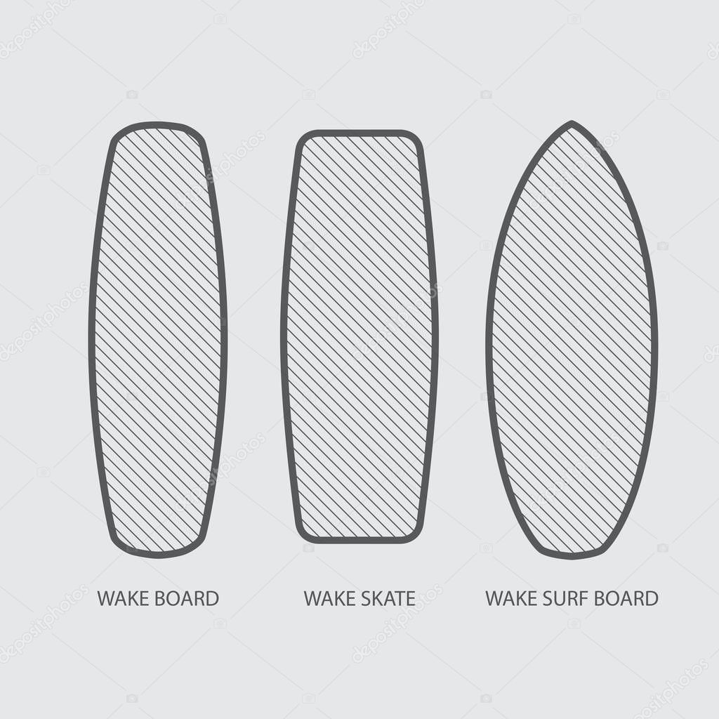 Wake board, wake skate, wake surf icon set. Water extreme sport vector equipment. Flat style design.