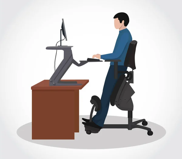 Чоловік працює за комп'ютером в ергономічному кріслі — стоковий вектор