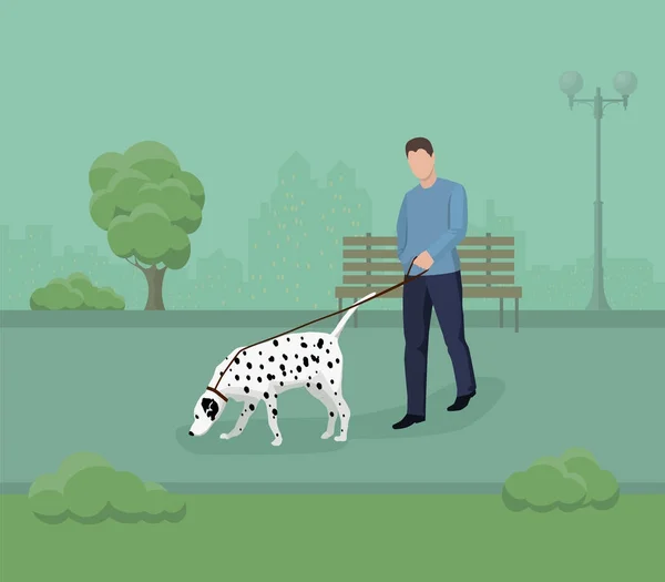 Un hombre camina con un perro — Vector de stock