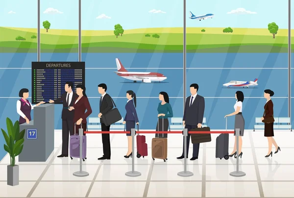 Αεροδρόμιο επιβάτες εγγραφής περιμένουν στην ουρά — Διανυσματικό Αρχείο