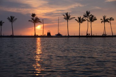 Hawaii 'nin büyük adasındaki Waikoloa Sahili' ndeki Anaehoomalu Sahili 'ndeki suya yansıyan palmiye ağaçları ve botlar.