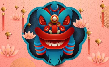 Çin asılmalı kırmızı fener, kağıt sanatında mavi arka plan. Çevirisi: Mutlu yıllar. Vektör illüstrasyonu