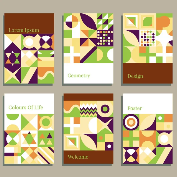 Kleurrijke geometrische vormen in beweging achtergrond set. Van toepassing op cadeaukaart, omslag, poster. Affiche ontwerp. Retro deksels klaar. vectorillustratie — Stockvector