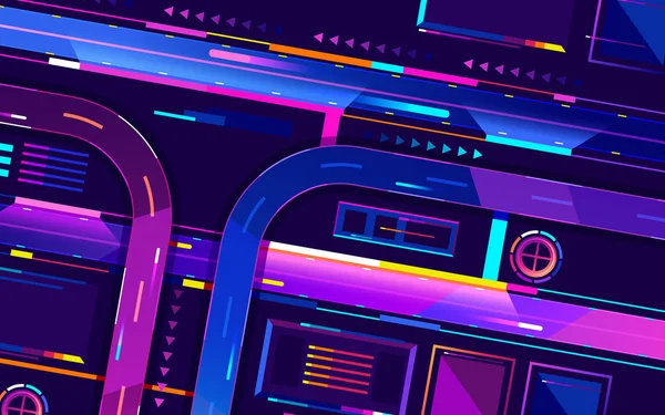 Metropolis éjszakai autópálya neon színek, felső nézet rajzfilm vektor. Vektorillusztráció — Stock Vector