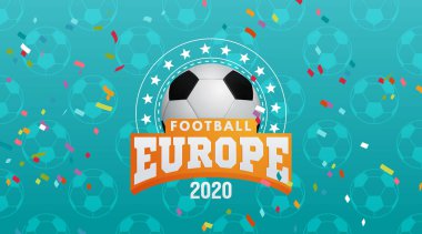 Vektör çizimi. 2020 Avrupa futbol kupası. Turkuaz arka planda top grafik tasarımı. Vektör illüstrasyonu