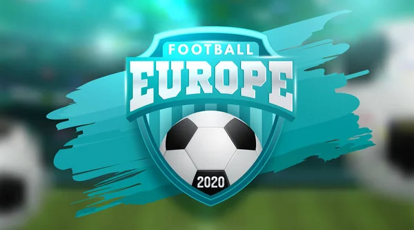 ภาพเวกเตอร์ ฟุตบอลยุโรป 2020 โลโก้ลูกฟุตบอลที่สมจริงบนพื้นหลังสีฟ้า รูปแบบเวกเตอร์ — ภาพเวกเตอร์สต็อก