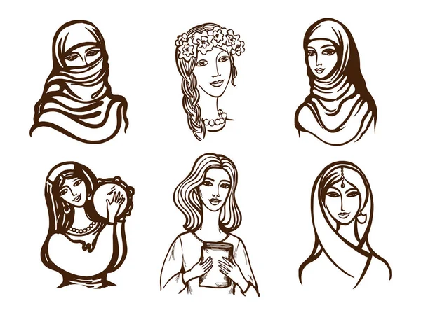 Ensemble d'images vectorielles de filles - ukrainien, indien, arabe, italien — Image vectorielle