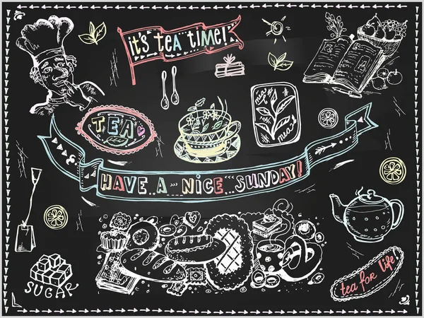 Tea set graphic element for menu on blackboard. Royalty Free Stock Vectors