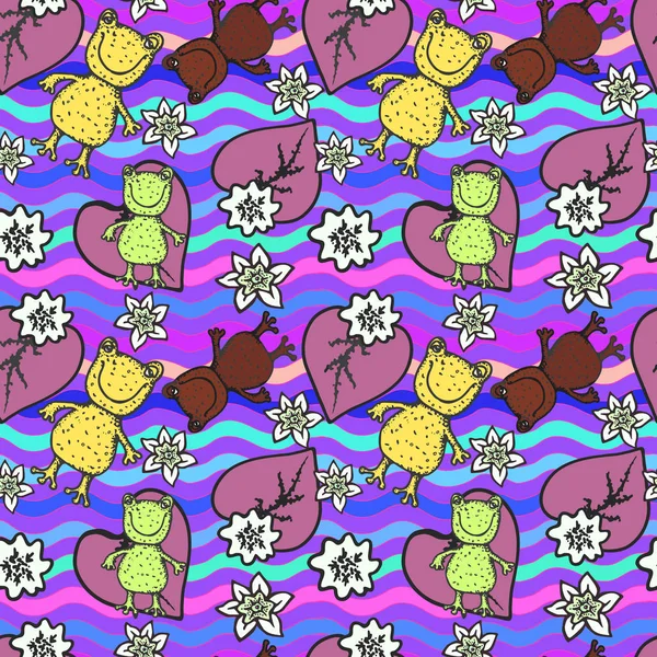 개구리와 꽃 파도 완벽 한 패턴에 — 스톡 벡터