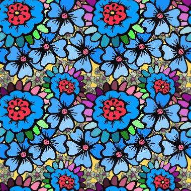 Elle çizilmiş arka plan parlak dekoratif çiçek ve açık sarı renkli yapraklarda ile vektör seamless modeli