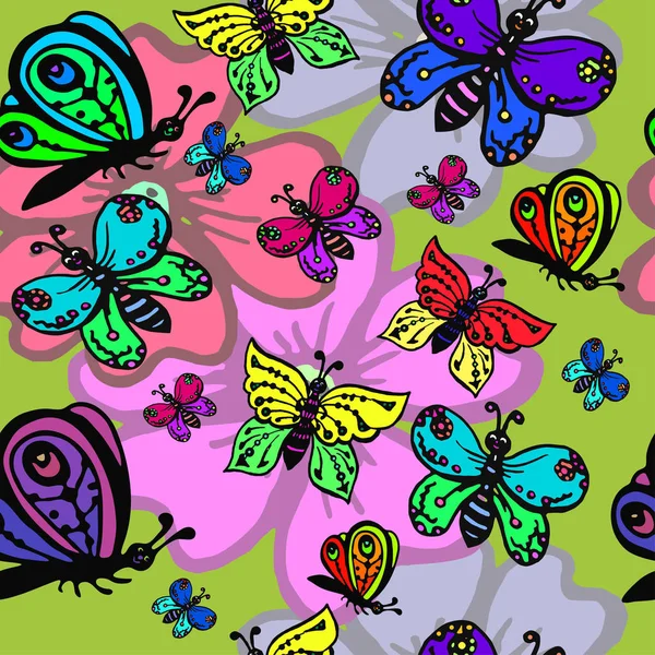 Безшовний візерунок з декоративними метеликами на квітах — стоковий вектор