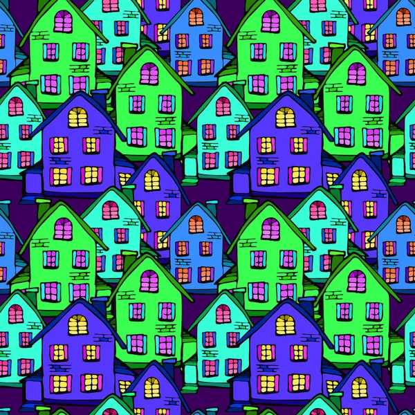 Vector Graphic Artistic Stylized Image Seamless Pattern Town Hous — Stock Vector