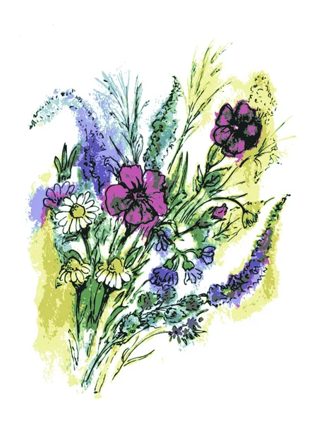 Handritad Tecknad Skiss Illustration Akvarell Vektor Bukett Blommor — Stock vektor