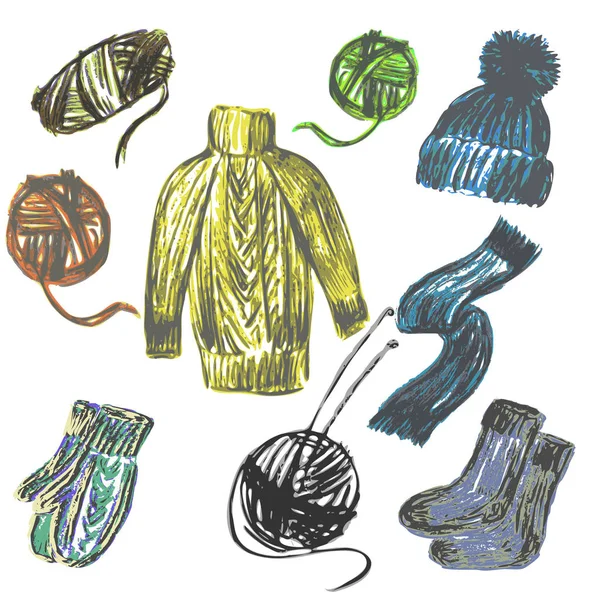 Jeu d'illustrations vectorielles de tricots et écheveaux de fils — Image vectorielle
