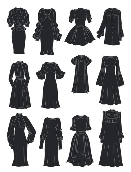 Siluetas de vestidos con mangas y volantes exuberantes — Vector de stock