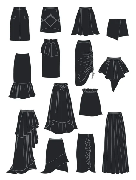 Silhouettes of skirts with asymmetry and folds — Stock Vector