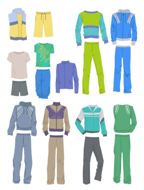 Set of men's sportswear namely sports suits, shorts, tee-shirts, etc., isolated on white background clipart