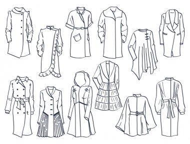 Kontür bahar kadın kat, farklı ve güzel stilleri, beyaz arka plan üzerinde izole