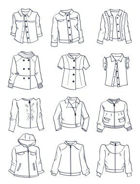 Contours of jackets for girls, different models,classic,casual and sport styles, isolated on white background clipart
