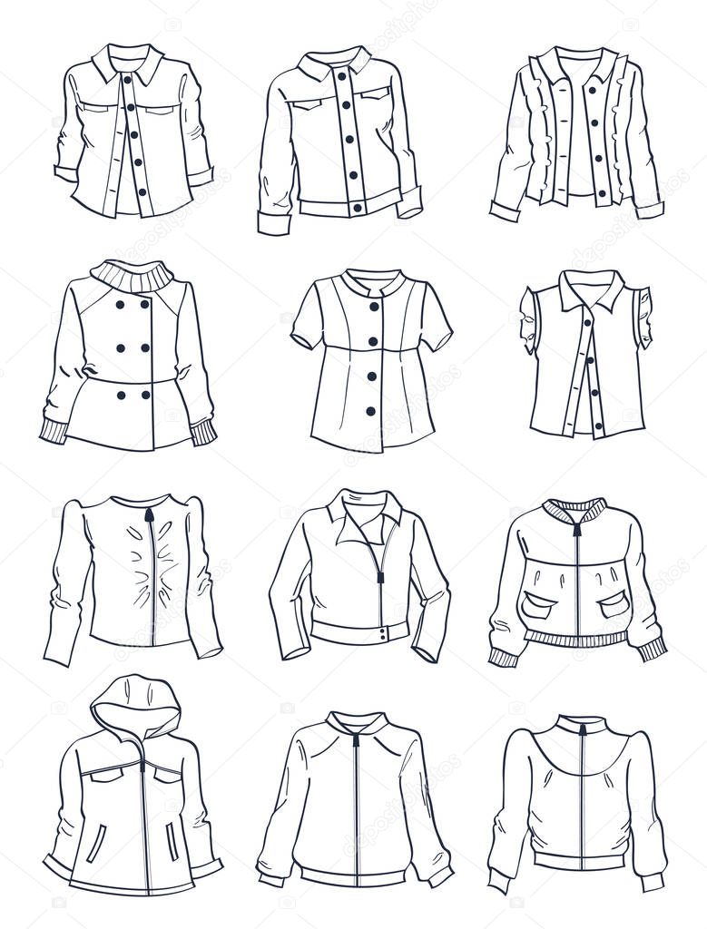 Contours of jackets for girls, different models,classic,casual and sport styles, isolated on white background