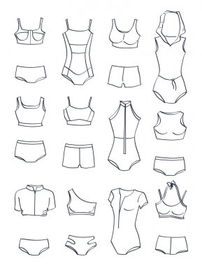 Kontür spor mayo, tek parça mayo ve iki parçalı banyo beyaz arka plan üzerinde izole uygun, birçok farklı model,