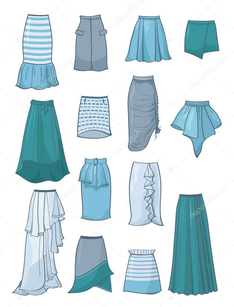 Set of skirts with asymmetry and folds,in grey, blue,turquoise and white colours, isolated on white backgroud