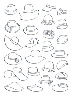 Contours of summer hats, large number of styles, isolated on white background clipart