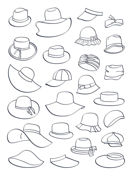 Contours Des Chapeaux Été Grand Nombre Styles Isolé Sur Fond — Image vectorielle
