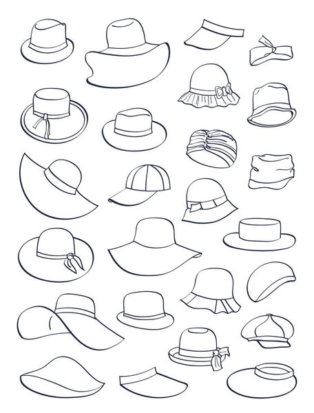 Contours of summer hats, large number of styles, isolated on white background