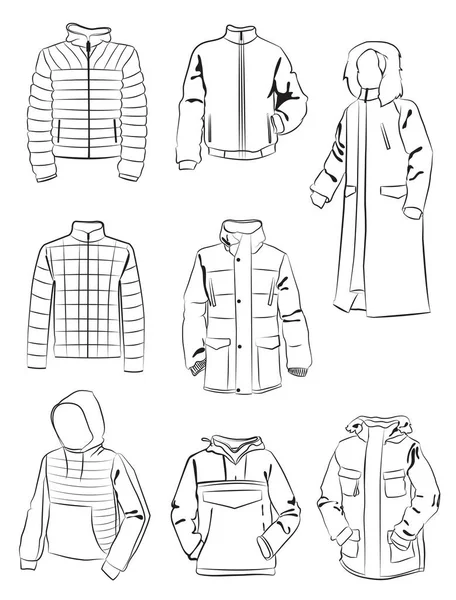 Contours Men Warm Jackets Set Different Models Winter Isolated White — Stock Vector