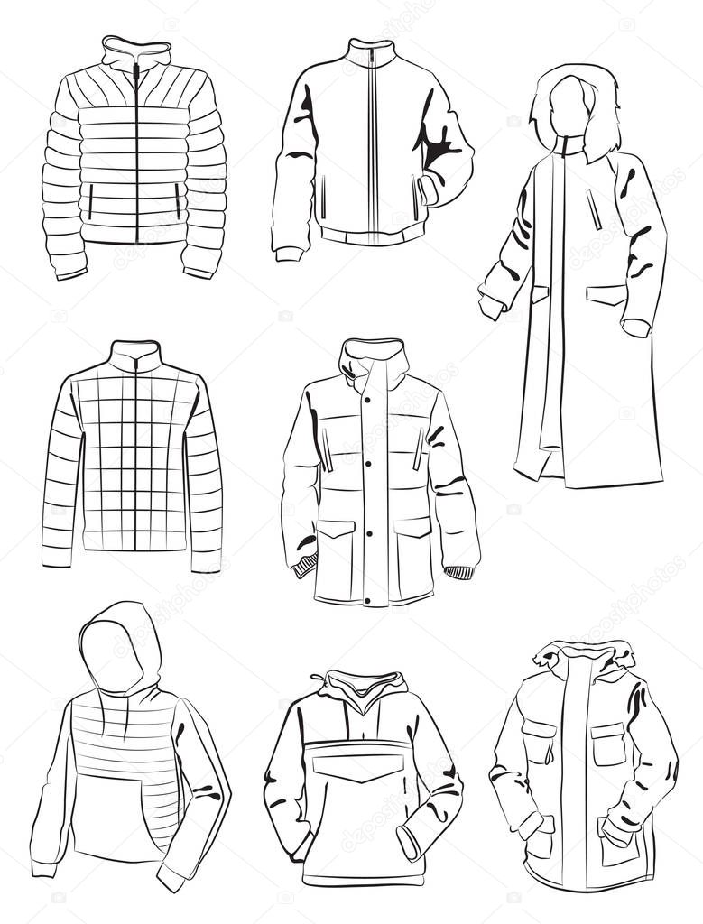 The contours of men's warm jackets, set of different models for winter, isolated on white background.
