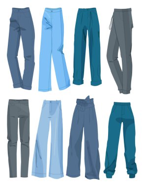 Set of fashionable and classic jeans, different colors, styles, beautiful things for everyday life, isolated on a white background. clipart