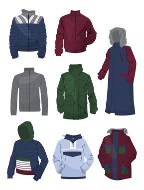 Erkek ceketleri, kış için farklı modeller, beyaz arka planda izole edilmiş..