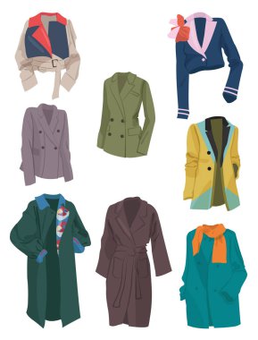  Set of sping women's jackets, raincoats and coats, beautiful, different models, isolated on white background clipart