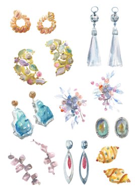 Değerli metallerden ve bijouterie 'den yapılmış, beyaz arka planda izole edilmiş suluboya küpeler..