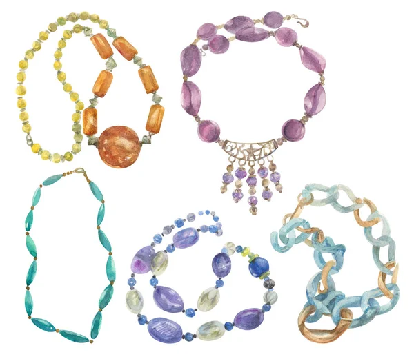 Watercolor Necklaces Beads Set Beautiful Jewelry Elegant Image Isolated White — Stock Photo, Image