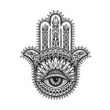 El Hint hamsa etnik süsler ile çekilmiş. Vektör çizim