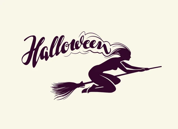 Halloween. Hermosa bruja volando en palo de escoba. Tarjeta de felicitación. ilustración vectorial — Vector de stock