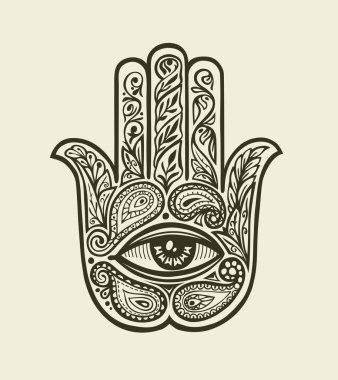Fatima'nın süslü Hamsa el. Etnik muska dekoratif tarzda çizilmiş. Vektör çizim