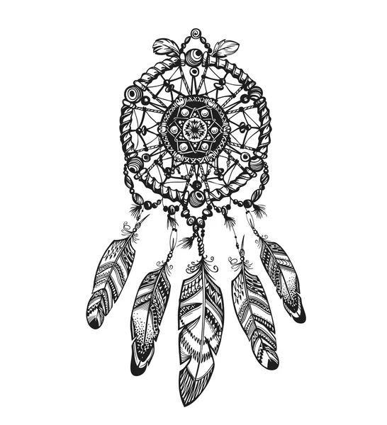 Indiase dream catcher met etnische versieringen. Vectorillustratie geïsoleerd op witte achtergrond — Stockvector