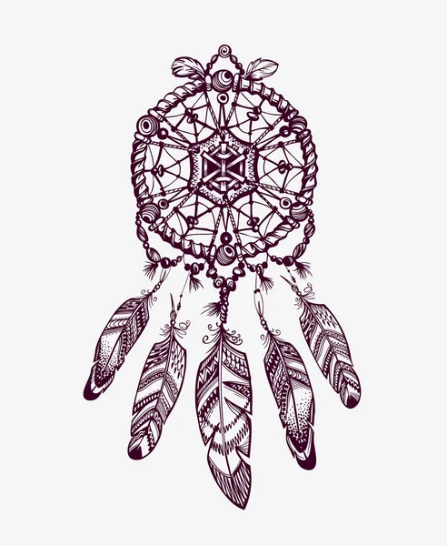 羽を持つ民族のドリーム キャッチャー。アメリカ ・ インディアンのスタイル。ベクトル図 — ストックベクタ