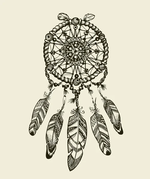 Attrape-rêves dessiné à la main avec des plumes. Vintage amulette indienne motifs ethniques — Image vectorielle