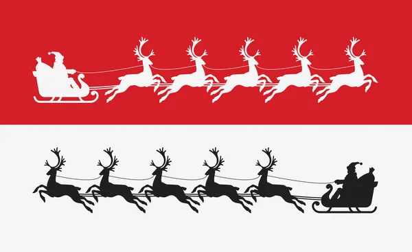 Weihnachtsmann fährt im Schlitten, der von Rentieren gezogen wird. Fröhliches Weihnachtsbanner — Stockvektor